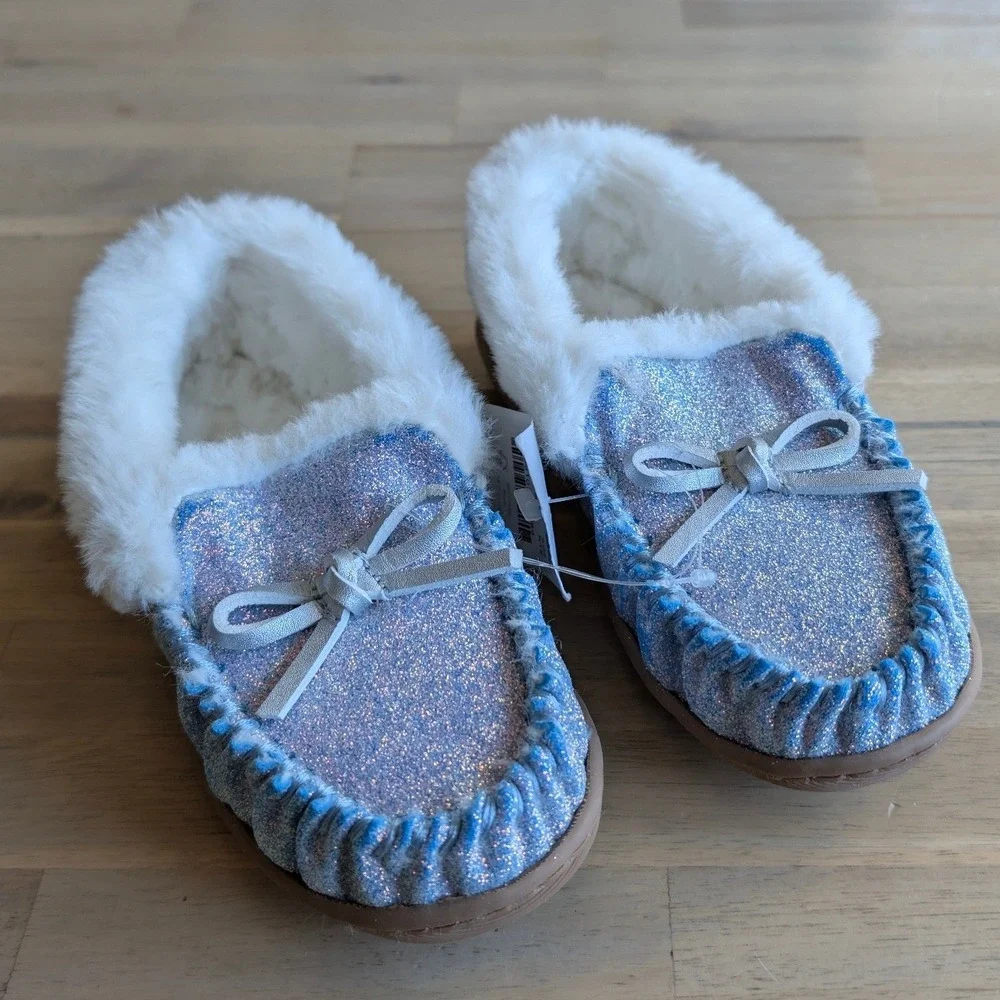 J.Crew Crewcuts Kids‎ Glitter Slippers Size K12 Blue White Faux Fur NEW!